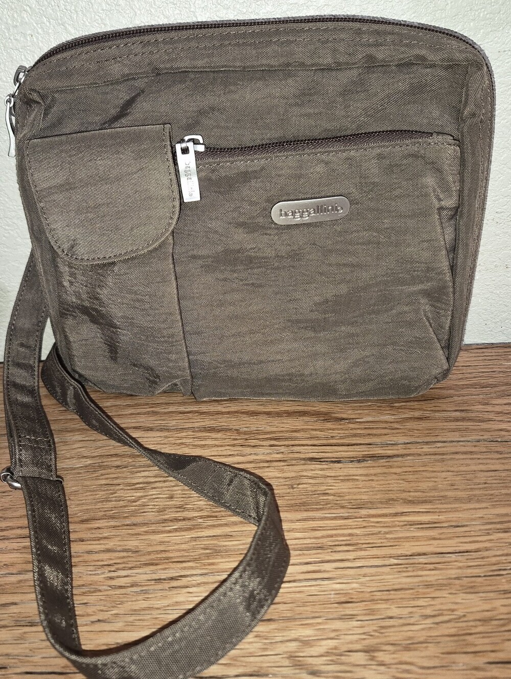 Brown Nylon Baggallini Crossbody bag featuring multiple exterior zipper pockets - Picture 3 of 8